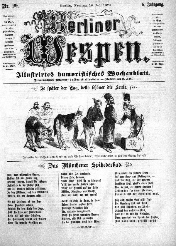 Alte Zeitung mit der Überschrift "Berliner Wespen" vom Juli 1873, die eine Karikatur eines besorgten Mannes im Zylinder und einer Frau in einem Kleid zeigt.