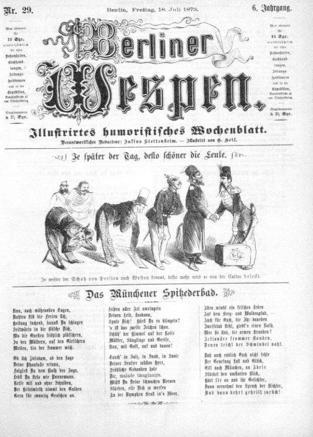 Alte Zeitung mit der Überschrift "Berliner Wespen" vom Juli 1873, die eine Karikatur eines besorgten Mannes im Zylinder und einer Frau in einem Kleid zeigt.