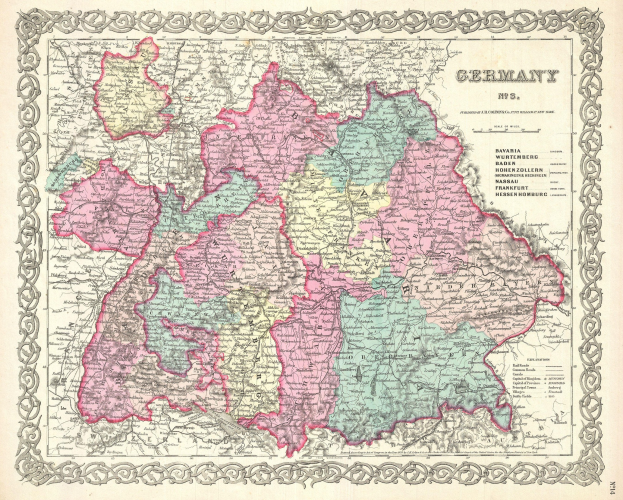 Alte Deutschlandkarte auf Papier, die die Provinzen Bayern, Baden-Württemberg und Baden zeigt, mit Text zu den Regionen.
