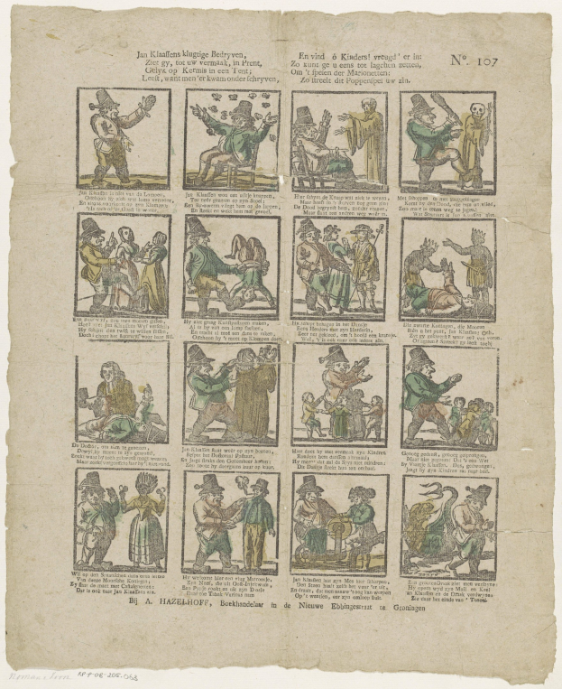 Eine Buchseite mit einer Zeichnung eines verzweifelten Mannes mit Hut und Frau in Kleid mittendrin in einer hitzigen Diskussion, umgeben von Text und anderen Bildern.