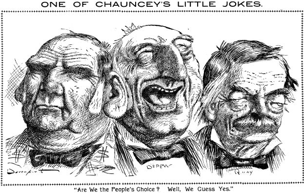 Ein Plakat mit einer Zeichnung von drei lachenden Menschen und dem Text "Einer von Chaunceys kleinen Witzen" oben und unten.