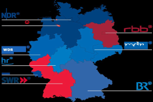 Eine Deutschlandkarte mit roten und blauen Provinzen, die die Ergebnisse der Wahl 2016 mit Kandidatennamen und Wahltermindetails zeigt.