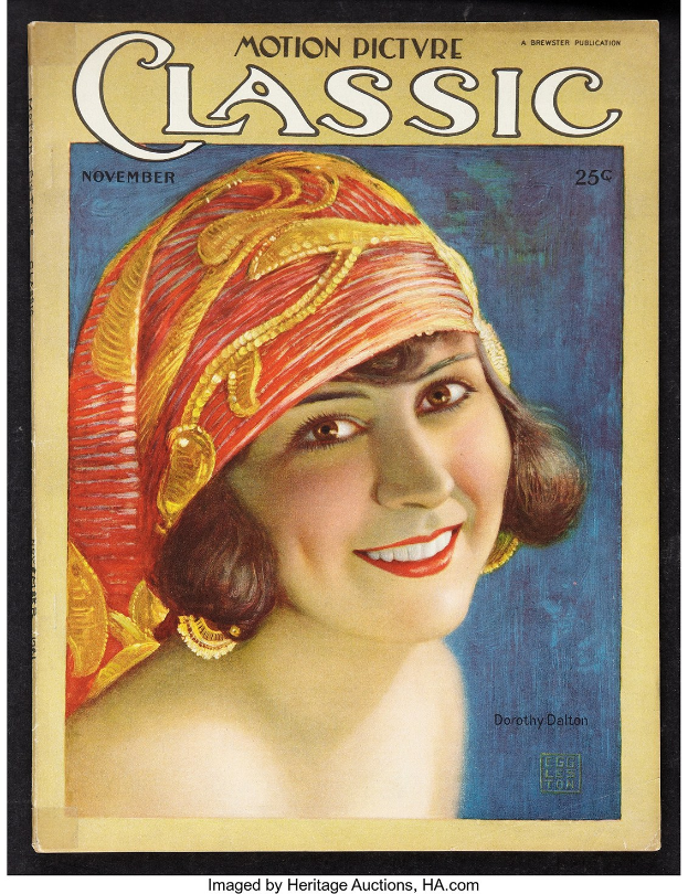 Frau mit rotem Turban, die auf dem Cover von 'Motion Picture Classic' lächelt.
