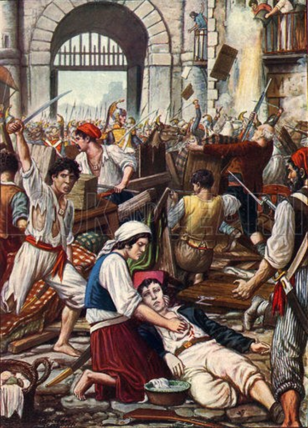 Gemälde, das eine Gruppe von Menschen zeigt, die einen Mann auf dem Boden mit Waffen umgeben, in einem Raum mit gewölbten Fenstern, betitelt "Der Massaker der Osmanischen Reiches."