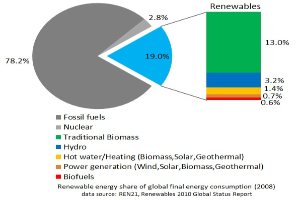 Tortendiagramm, das den globalen erneuerbaren Energieverbrauch im Jahr 2008 zeigt, aufgeteilt nach Energiequelle, einschließlich fossiler Brennstoffe, Kernenergie, Wasserkraft, Warmwasser, Heizung, Biomasse, Solarenergie, Geothermie und Biokraftstoffe.