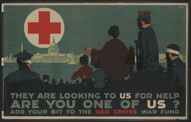 Plakat mit einer Gruppe von Menschen vor einem Gebäude mit einem roten Kreuz, die Zuschauer zur Teilnahme am Roten Kreuz-Kriegsfonds aufrufen.