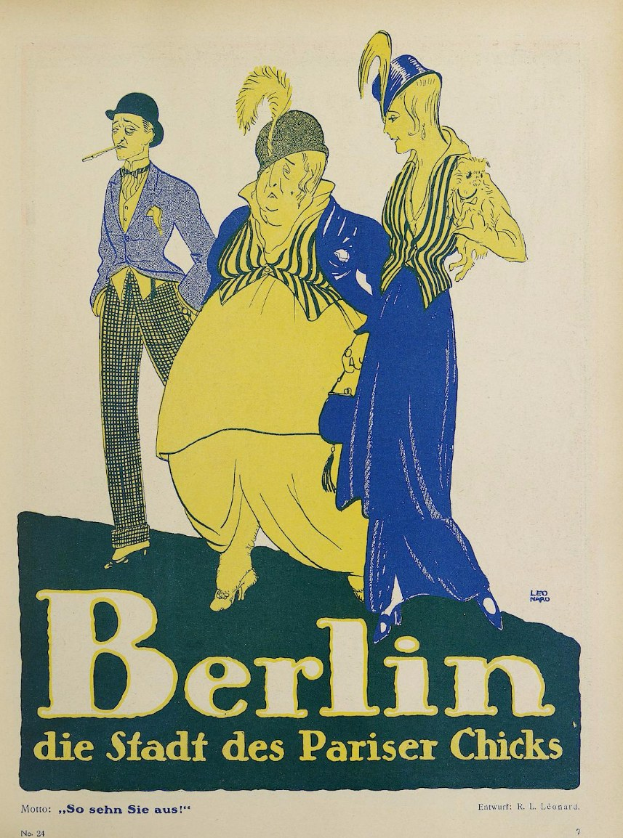 Plakat für ein Konzert in Berlin, Deutschland, das eine Gruppe von Menschen in bunter Kleidung vor einem Gebäude zeigt, mit der Aufschrift "Berlin - Die Stadt des Pariser Chicks" darüber.