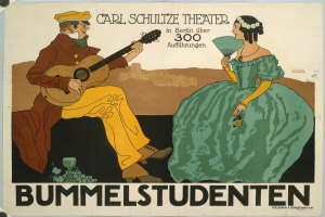 Ein Plakat für das Carl-Schulze-Theater in Berlin, Deutschland, das einen Mann mit einer Gitarre und eine Frau mit einem Fächer zeigt, mit Text auf dem Plakat.