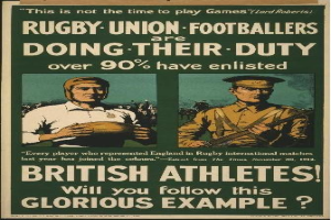 Plakat mit zwei Rugbyspielern in Uniform, mit Text, der über 90% der britischen Athleten informiert.