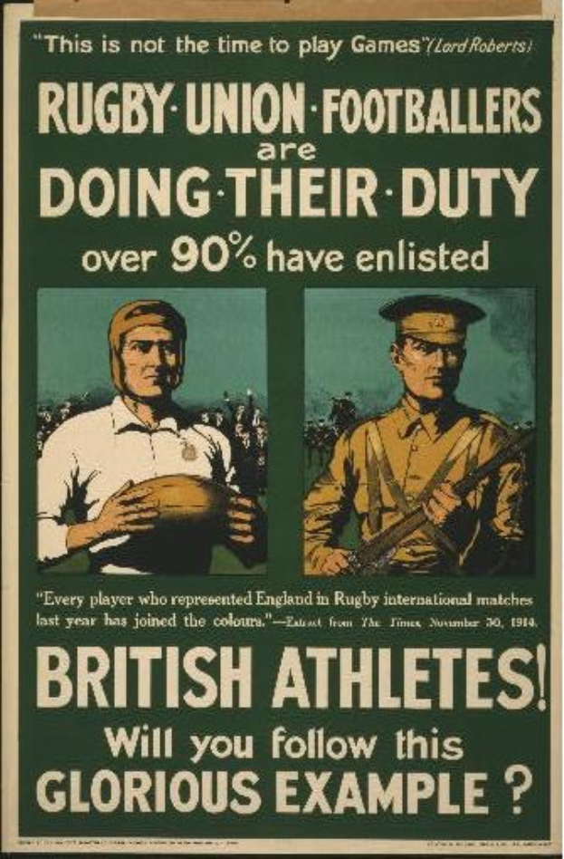 Plakat mit zwei Rugbyspielern in Uniform, mit Text, der über 90% der britischen Athleten informiert.