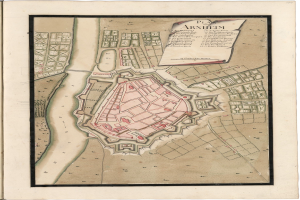 Ein abgenutztes Buch mit einer detaillierten historischen Karte von Arnheim, Deutschland, mit sichtbaren Straßennamen, Gebäuden und Sehenswürdigkeiten.
