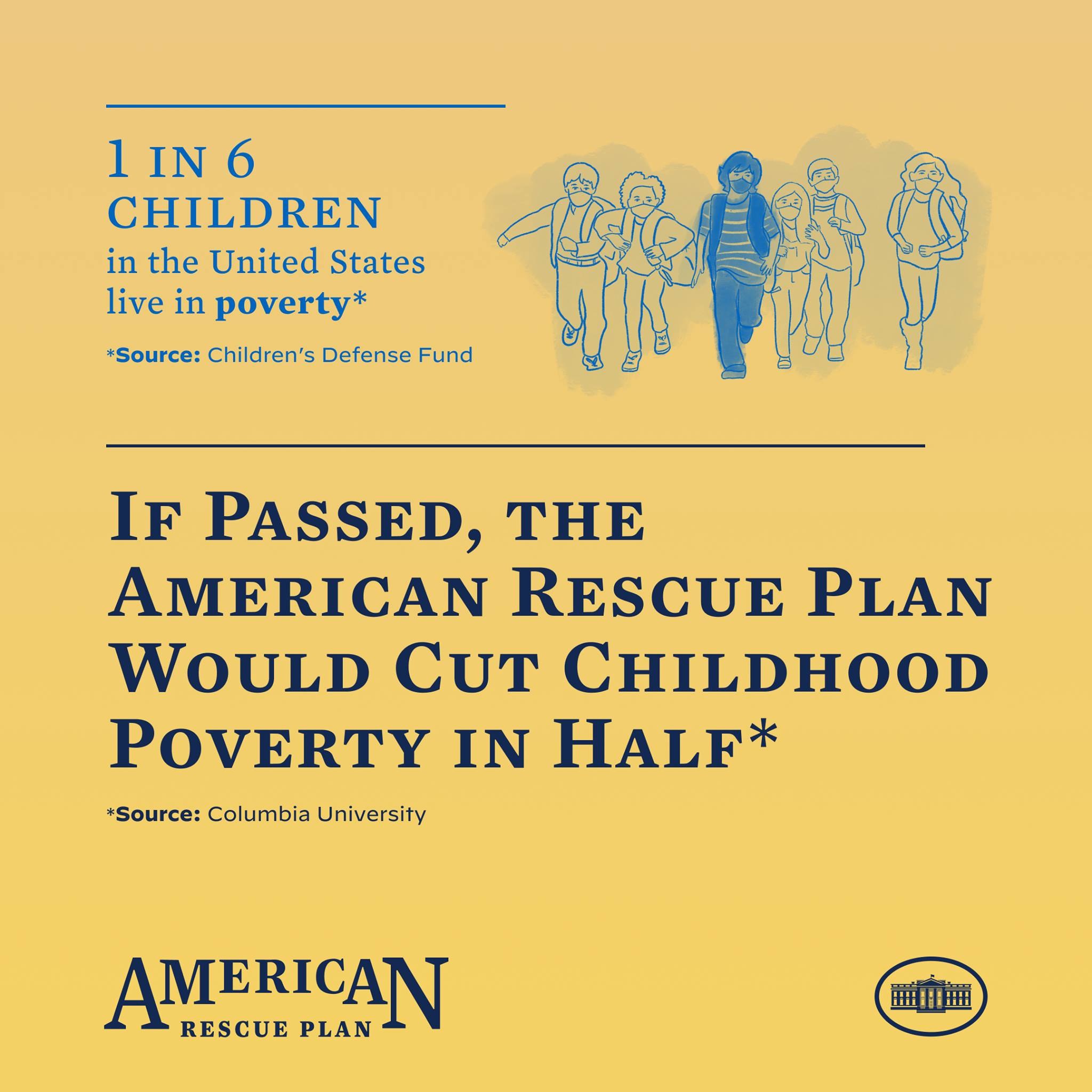 Plakat für das American Rescue Plan mit Text, der besagt, dass es die Kindergartenarmut hälfte und einem Bild einer vielfältigen Gruppe von Menschen.