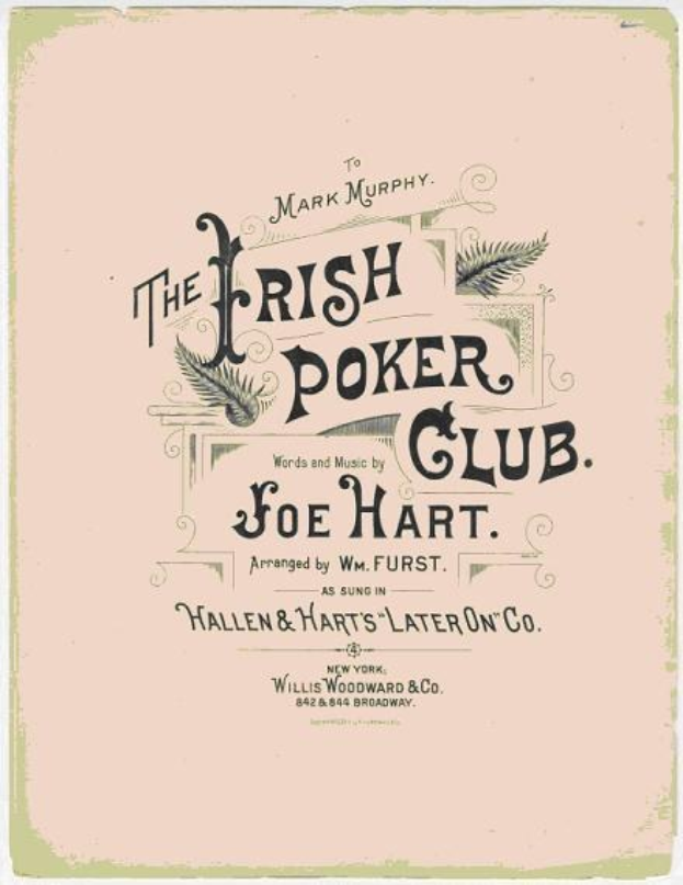 Plakat mit "The Irish Poker Club" in fetter schwarzer Schrift auf einem weißen Hintergrund, umrahmt von einem schmalen schwarzen Rand, mit einer bunten Kleeblatt-Illustration.