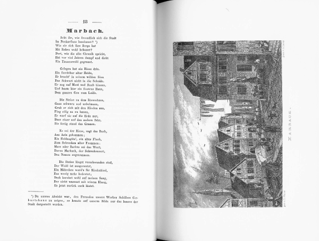 Offenes Buch mit dem Titel 'Die Geschichte Deutschlands' zeigt eine Schwarz-Wei├č-Abbildung einer Stadtlandschaft mit Geb├Ąuden, Menschen und Text.