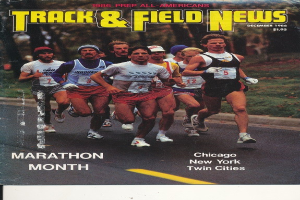 Ein Plakat, das eine Gruppe von Menschen beim Laufen auf einer Straße mit Bäumen und Gras drumherum zeigt, mit der Aufschrift "Laufnachrichten Marathon-Monat" oben.