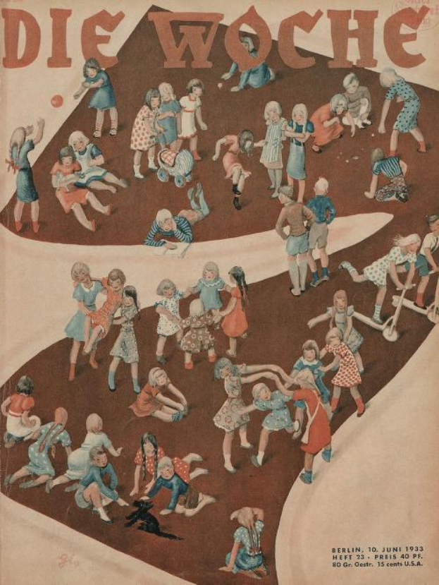 Deutsches Magazincover aus Juni 1933 mit der Schlagzeile 'Die Woche', das Kinder beim Spielen in einem Kreis zeigt.