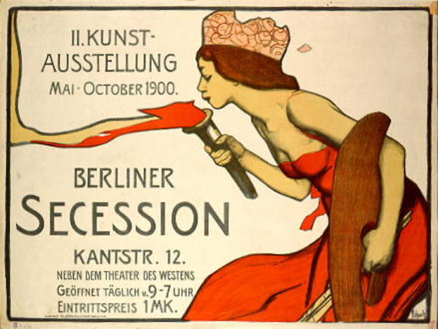 Ein Vintage-Plakat, das eine Berliner Secession im Jahr 1900 ankündigt und eine Frau in einem roten Kleid zeigt, die ein Objekt hält.