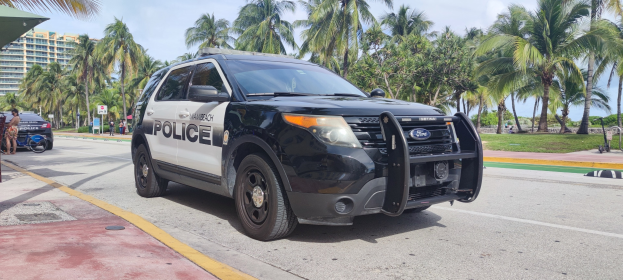 Polizeiauto am Straßenrand mit Menschen, Fahrrädern, Gras, Bäumen, Gebäuden und einem klaren blauen Himmel im Hintergrund; Vorderrad sichtbar.