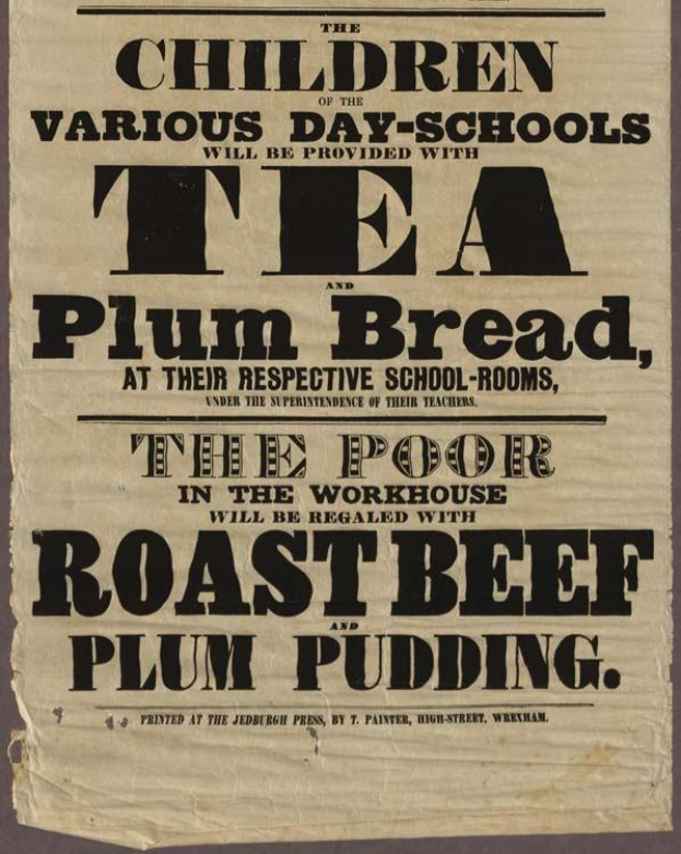 Ein Blatt mit der Aufschrift "Die Kinder der verschiedenen Ganztagsschulen werden mit Tee, Pflaumenbrot und Roastbeef und Pflaumenpudding versorgt."
