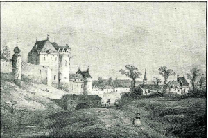 Eine Schwarz-Weiß-Zeichnung einer Burg in einem Feld, umgeben von Bäumen und Häusern, mit dem Text "Bayerische Burg in Deutschland" unten.