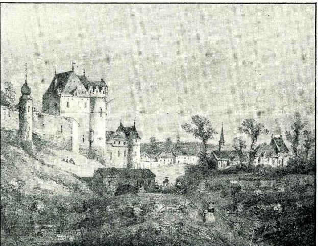 Eine Schwarz-Weiß-Zeichnung einer Burg in einem Feld, umgeben von Bäumen und Häusern, mit dem Text "Bayerische Burg in Deutschland" unten.