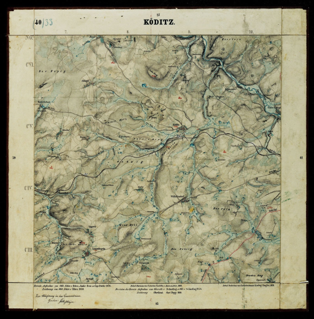 Alte topografische Karte von Köditz, Deutschland, mit Bergen, Flüssen und anderen geografischen Merkmalen auf schwarzem Hintergrund, mit klassischem Schriftstil.