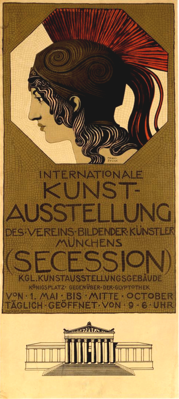 Ein Plakat für die Internationale Kunstausstellung in München, Deutschland, mit einer Frau mit einem menschlichen Gesicht in der Mitte und Text, der Informationen zum Event enthält.