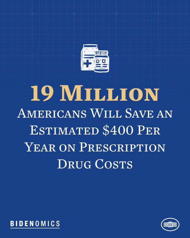 Ein blauer Hintergrund mit wei├čer Schrift und einem Logo, auf dem steht: "19 Millionen Amerikaner sparen sch├Ątztlich 400 Dollar pro Jahr an Arzneimittelkosten."