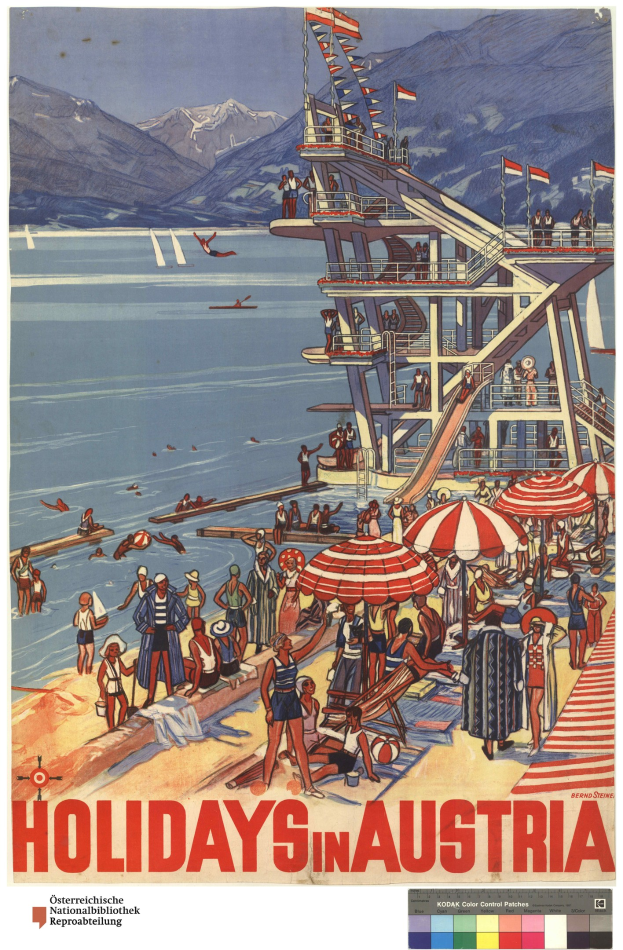 Plakat, das Urlaube in Österreich bewirbt, mit Menschen am Strand mit Schirmen, einem Schiff im Hintergrund, winkenden Flaggen, entfernten Bergen und Text.