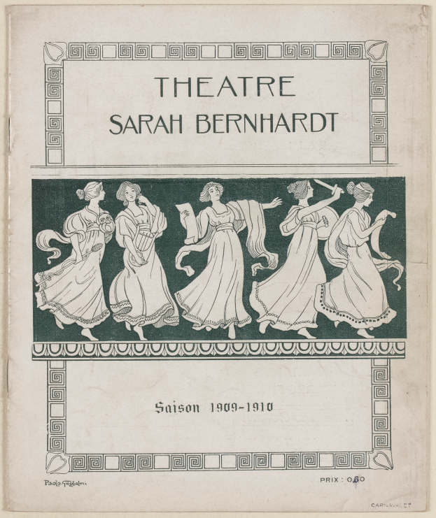 Ein Vintage-Plakat des Théâtre Sarah Bernhardt von 1909-1910, das eine Gruppe von Frauen in der Mitte und beschreibenden Text zeigt.