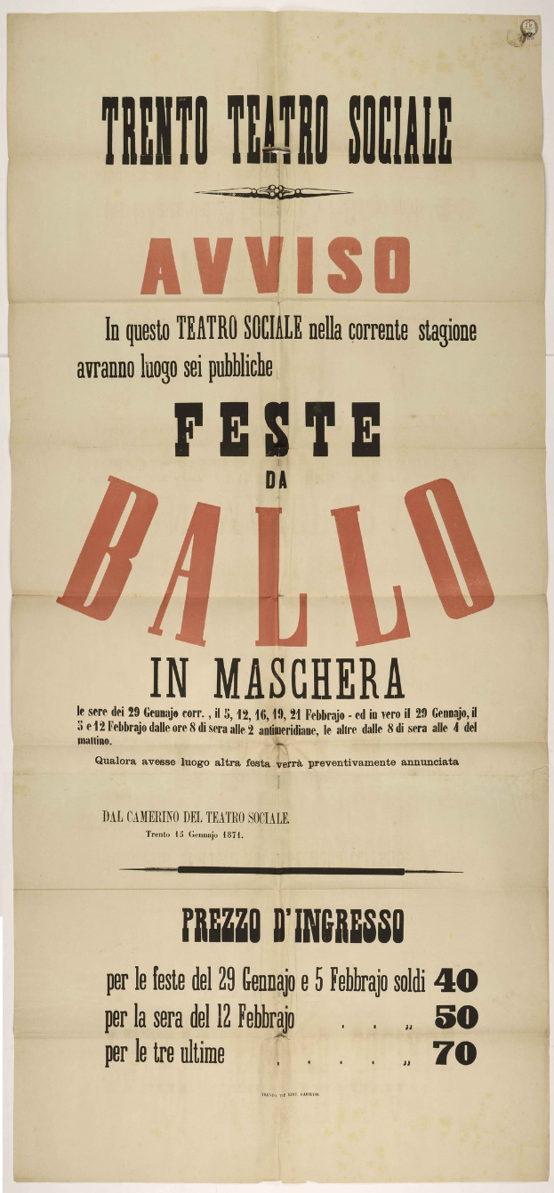 Plakat für ein altes Festival in Maschera, Italien, mit Text, der das Ereignis beschreibt.