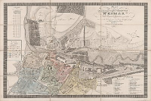 Detailierte alte Karte von Weimar, Deutschland, zeigt Straßen, Gebäude und Sehenswürdigkeiten mit begleitendem Text über Bevölkerung und besondere Merkmale.