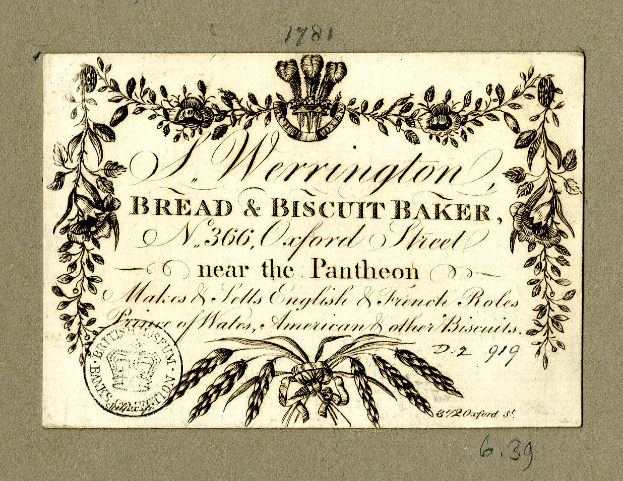 Eine alte Visitenkarte mit einer Zeichnung eines Bäckers und einem Text, der eine Brot- und Keksbäckerei beschreibt.