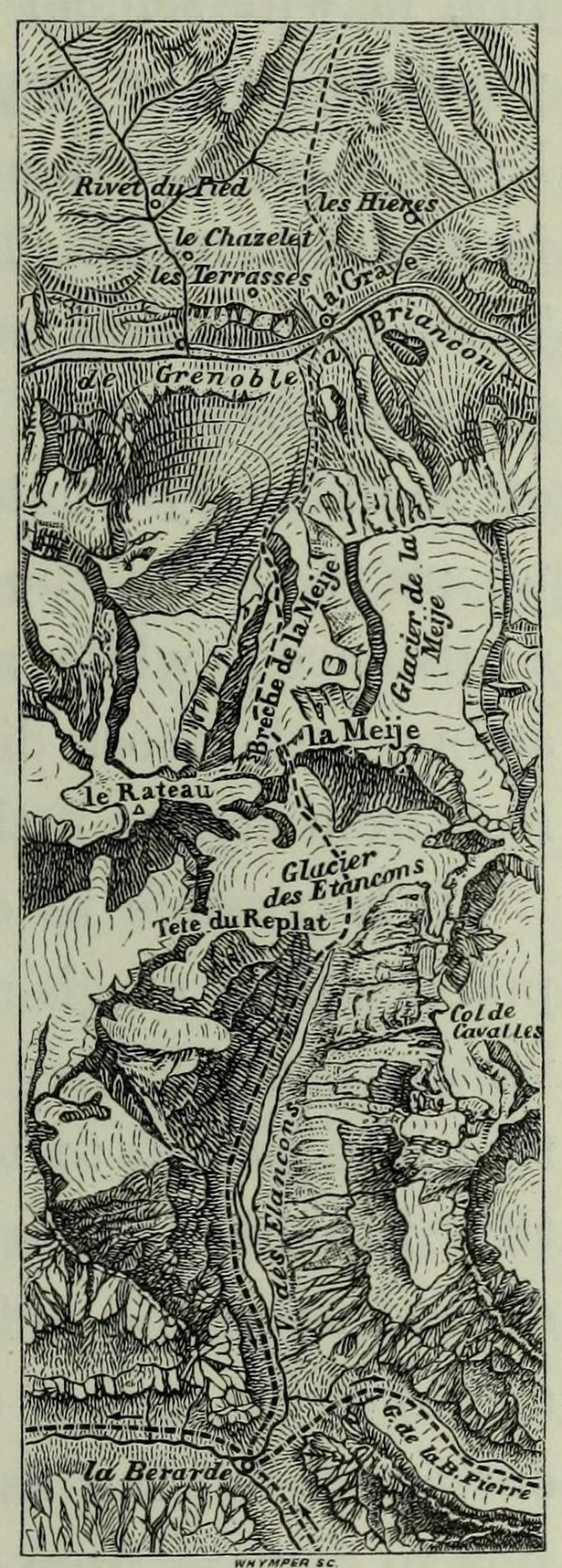 Schwarze und weiße topografische Karte des Rheins mit Höhenlinien und Geländeprofil, mit beschrifteten geographischen Merkmalen und Textanmerkungen.