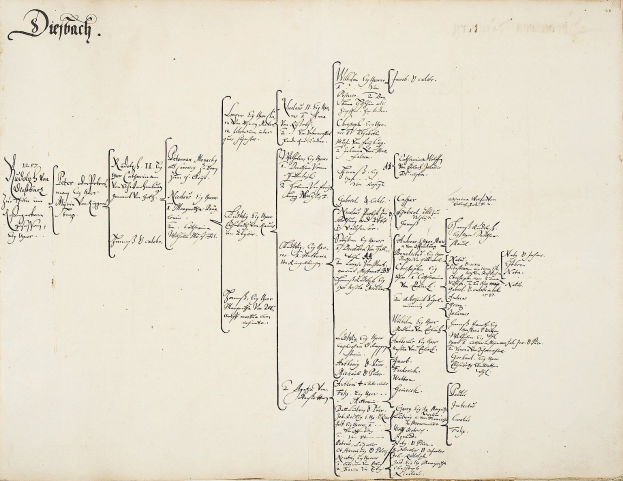 Offenes Buch mit handgeschriebener genealogischer Familiengeschichte, die die Abstammung einer deutschen Familie detailliert beschreibt.