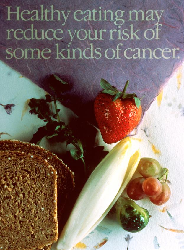 Ein Plakat mit Text über gesunde Ernährung und Krebsrisiko, das ein Brotstück, eine Erdbeere und einige Trauben zeigt.