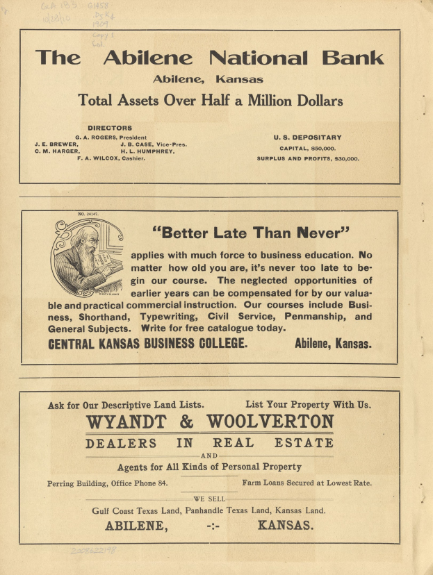 Schwarze und weiße Zeitungsanzeige für die Abilene National Bank mit einem zentralen Porträt und Text über die Dienstleistungen der Bank.
