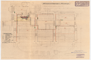 Schwarz-weißes Architekturzeichnung des Rosenhof-Krankenhauses in Hamburg, Deutschland, mit detaillierten Grundrissen mit beschrifteten Räumen, Fluren und elektrischen Leitungen.
