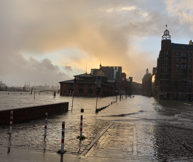 Überschwemmte Straße in Hamburg, Deutschland mit Wasser auf der Straße, Pfählen, Schildern, Gebäuden und einer Brücke unter einem bewölkten Himmel.