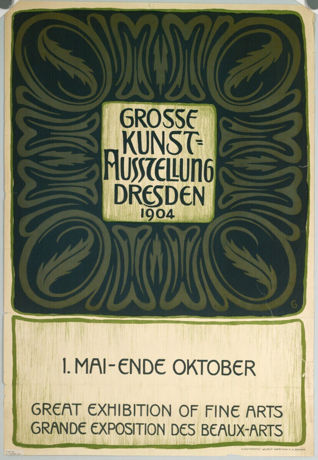 Plakat für die Große Kunstausstellung der Schönen Künste in Dresden, Deutschland, 1904, mit fettem Text, der das Ereignis ankündigt.