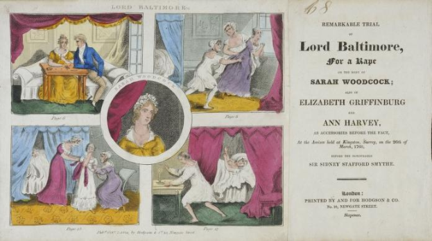 Eine historische Illustration, die eine Gerichtsszene mit einem Papier zeigt, auf dem Porträts von Individuen, Vorhänge und geschriebenen Text zu sehen sind.