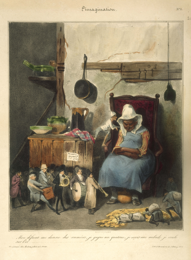 Eine ältere Frau sitzt in einem Stuhl in einer Küche, umgeben von Menschen, die Musikinstrumente spielen, mit Gegenständen auf dem Tisch und Töpfen, die an der Wand hinter ihr hängen, und Text unten im Bild.