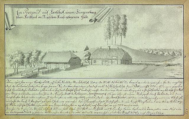 Ein verblichenes Dokument mit der Überschrift "Surgensburg, Deutschland - Landschaft einer Farm" zeigt eine ländliche Szene mit einem zentralen Bauernhof, verstreuten Häusern, Bäumen und einem Himmel.