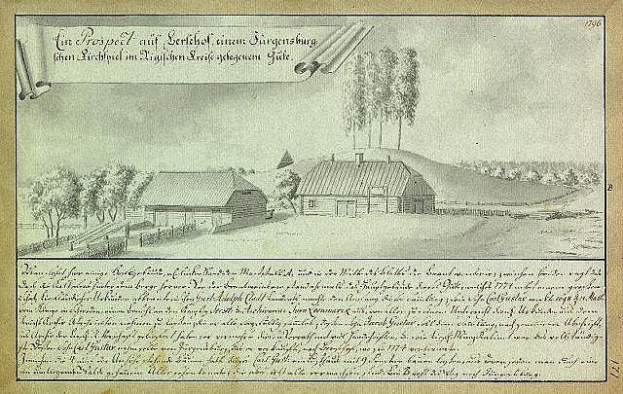 Ein verblichenes Dokument mit der Überschrift "Surgensburg, Deutschland - Landschaft einer Farm" zeigt eine ländliche Szene mit einem zentralen Bauernhof, verstreuten Häusern, Bäumen und einem Himmel.