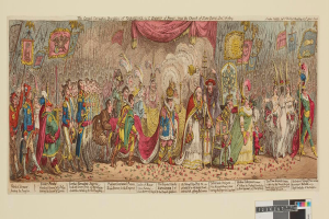 Eine Gruppe von Menschen in bunten Kostümen steht vor einer Bühne mit einem Vorhang, die den großen Karneval von Napoleon, dem Kaiser von Frankreich, aus der Kirche Saint-Denis im Dezember 1785 feiern, einige halten Fahnen und Deko.