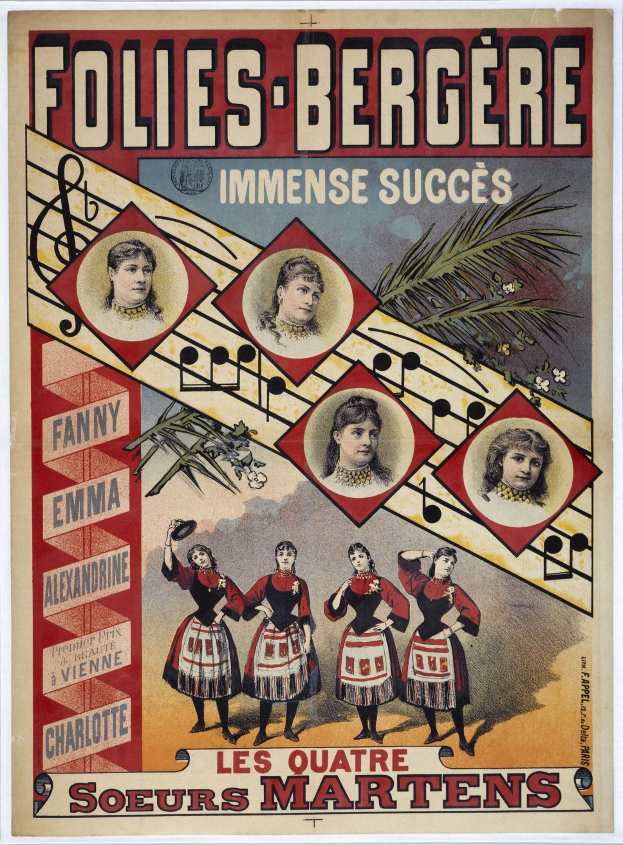 Ein buntes Plakat für das Folies-Bergère- und Immense Succès-Konzert, das Bilder von Menschen und fette Schriftzüge auf einem prunkvollen Hintergrund zeigt.