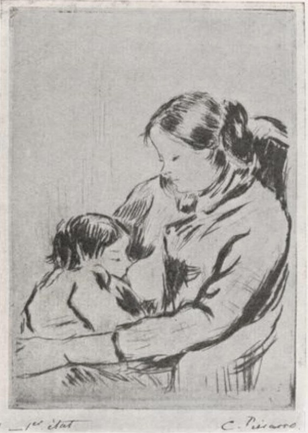 Schwarzes und weißes Bild einer Frau, die ein Baby hält, mit dem Text "Mutter und Kind" unten.