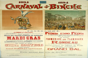 Ein altes Plakat, das ein Karnevalsfest in Banche, Frankreich, ankündigt und Bilder von Menschen, Gebäuden und Text zeigt.