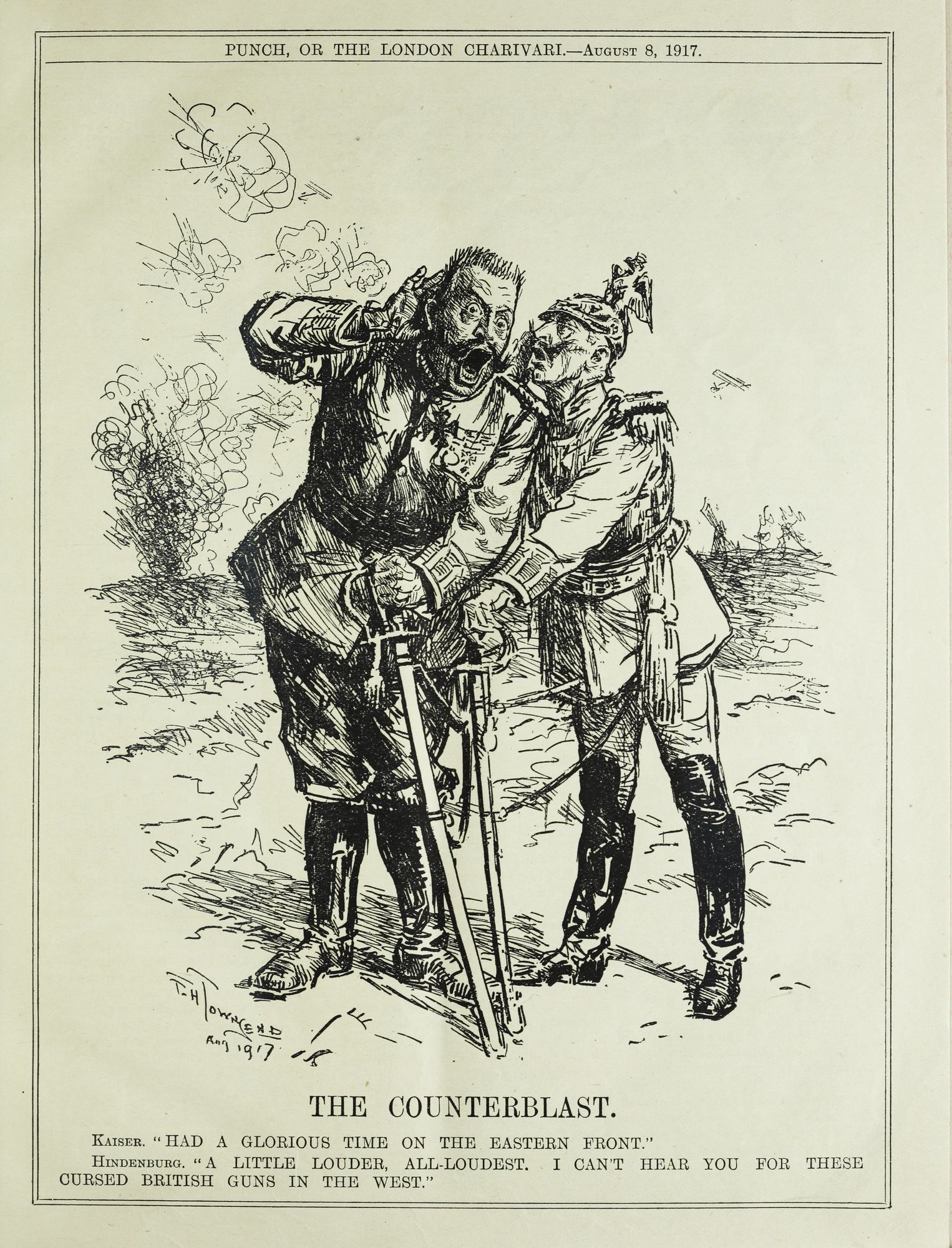 Eine Zeitung mit einer Zeichnung von zwei Personen, wobei eine eine Waffe hält, und dem Text "The Counterblast - Punch or the London Charivari - August 8, 1917".
