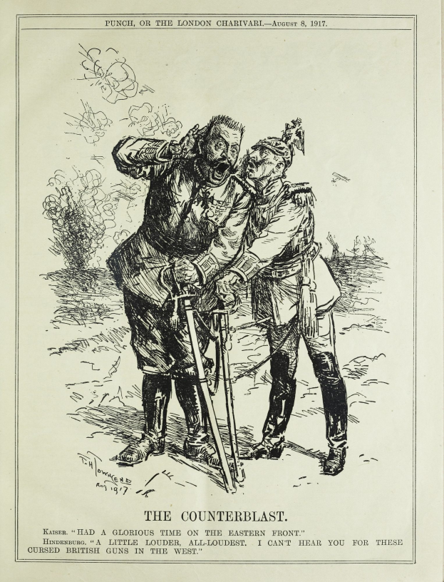 Eine Zeitung mit einer Zeichnung von zwei Personen, wobei eine eine Waffe hält, und dem Text "The Counterblast - Punch or the London Charivari - August 8, 1917".